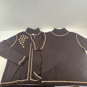 Aixuer Brown Merino Wool Blend Cardigan Floral Stitch Detail & Matching T-Shirt